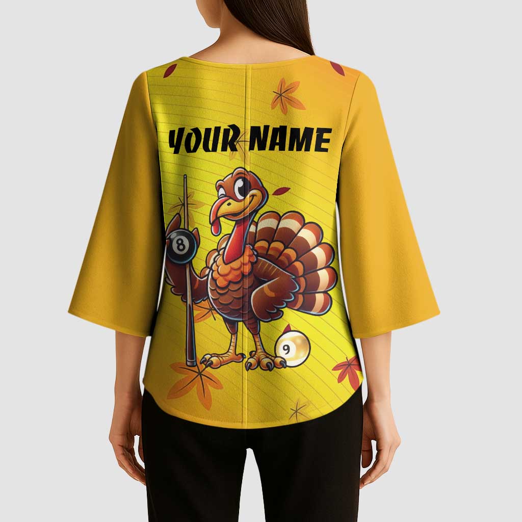 Personalized Funny Turkey Billiards Kimono Sleeve Blouse with Pool Cue and Balls Thanksgiving Design - Wonder Print Shop