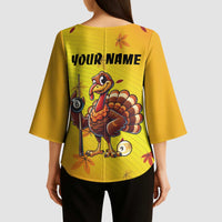Personalized Funny Turkey Billiards Kimono Sleeve Blouse with Pool Cue and Balls Thanksgiving Design - Wonder Print Shop
