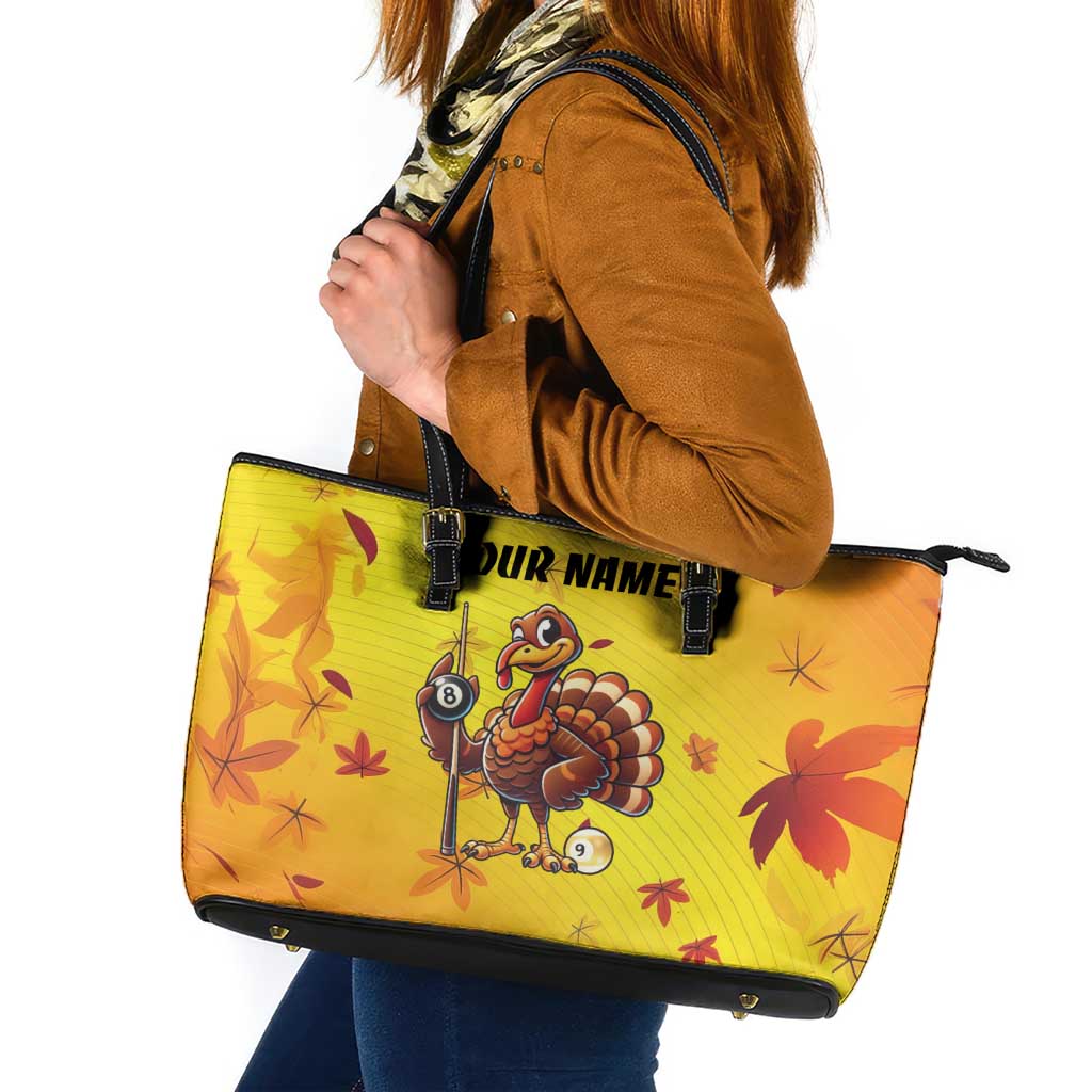 Personalized Funny Turkey Billiards Leather Tote Bag with Pool Cue and Balls Thanksgiving Design - Wonder Print Shop