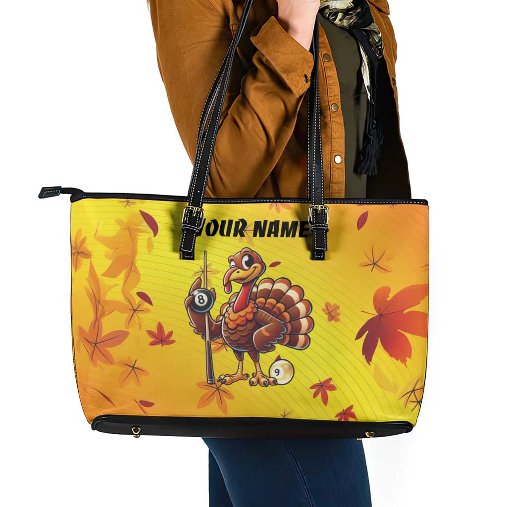 Personalized Funny Turkey Billiards Leather Tote Bag with Pool Cue and Balls Thanksgiving Design - Wonder Print Shop