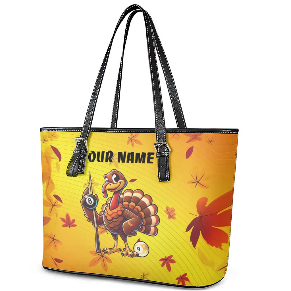 Personalized Funny Turkey Billiards Leather Tote Bag with Pool Cue and Balls Thanksgiving Design - Wonder Print Shop