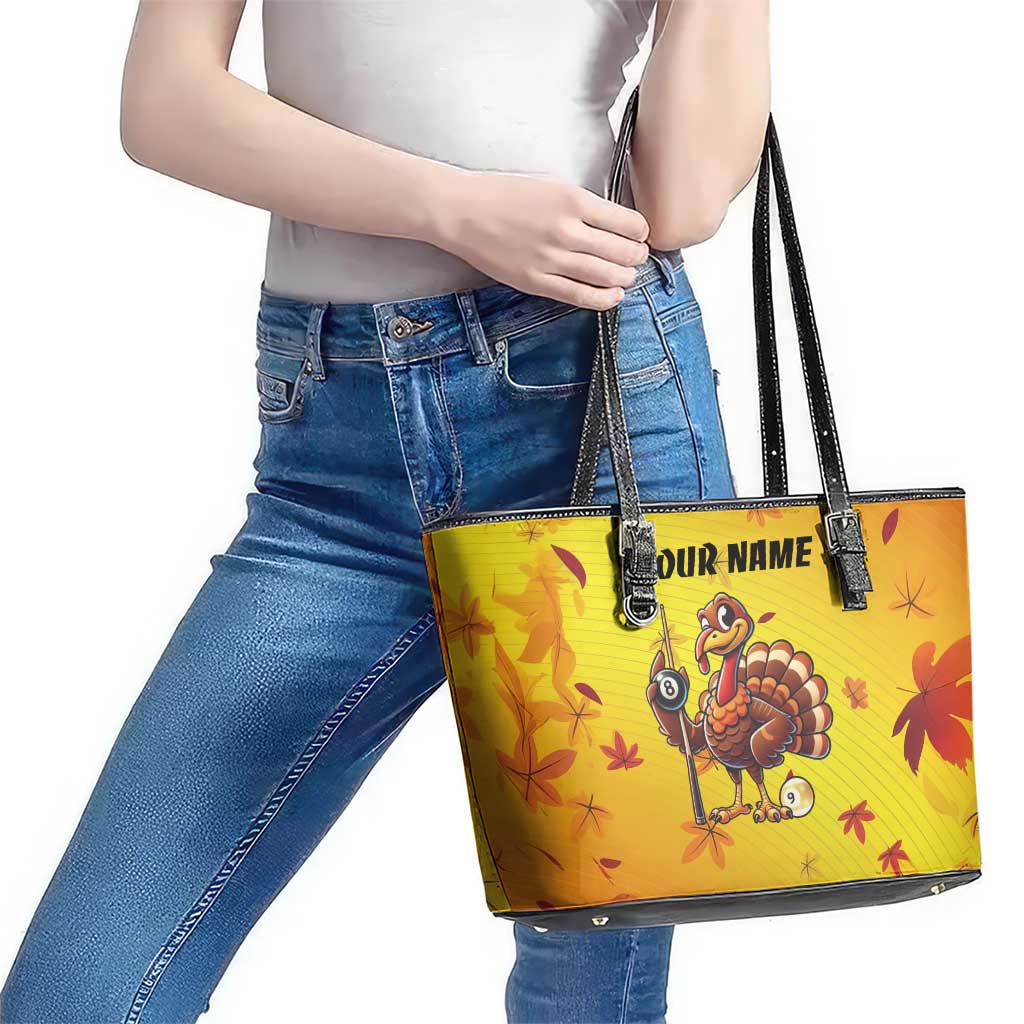 Personalized Funny Turkey Billiards Leather Tote Bag with Pool Cue and Balls Thanksgiving Design - Wonder Print Shop