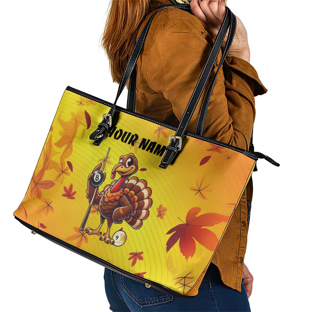 Personalized Funny Turkey Billiards Leather Tote Bag with Pool Cue and Balls Thanksgiving Design - Wonder Print Shop