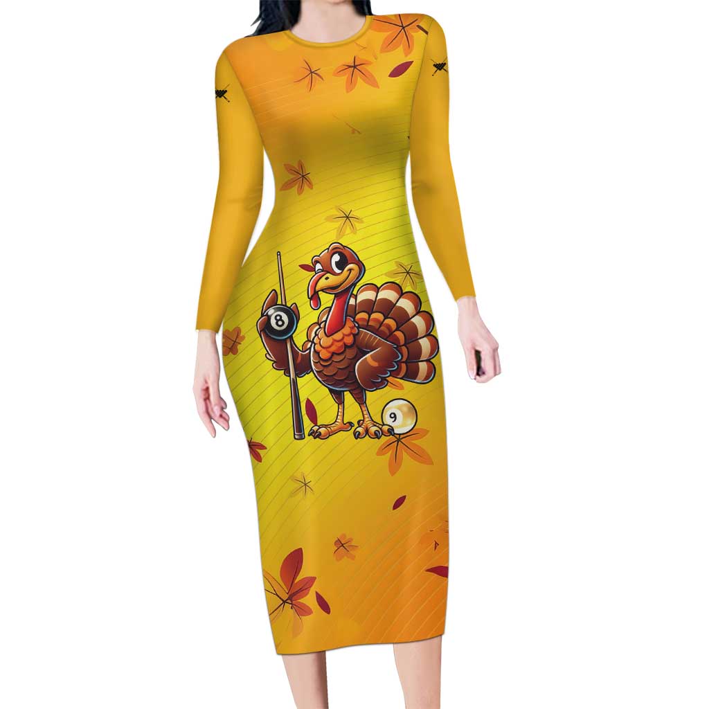 Personalized Funny Turkey Billiards Long Sleeve Bodycon Dress with Pool Cue and Balls Thanksgiving Design - Wonder Print Shop