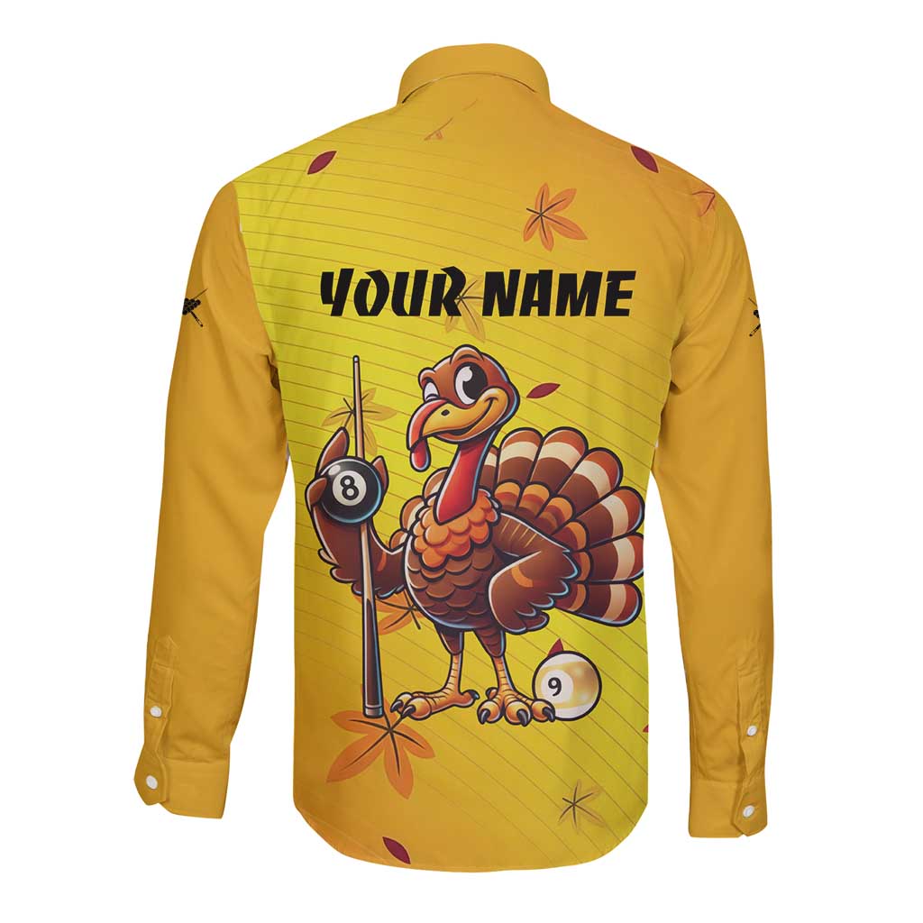 Personalized Funny Turkey Billiards Long Sleeve Button Shirt with Pool Cue and Balls Thanksgiving Design - Wonder Print Shop