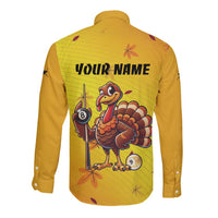Personalized Funny Turkey Billiards Long Sleeve Button Shirt with Pool Cue and Balls Thanksgiving Design - Wonder Print Shop
