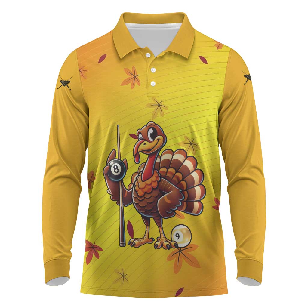 Personalized Funny Turkey Billiards Long Sleeve Polo Shirt with Pool Cue and Balls Thanksgiving Design - Wonder Print Shop