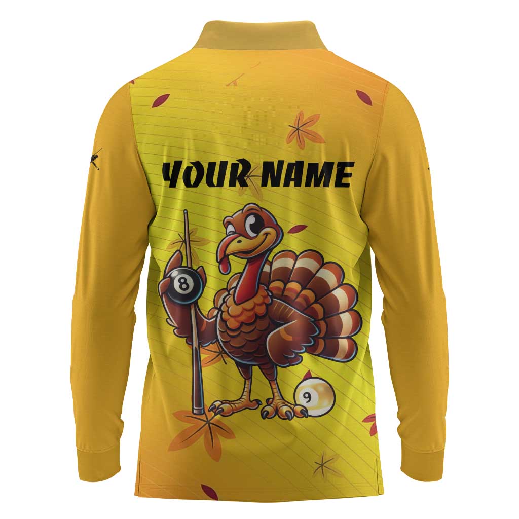 Personalized Funny Turkey Billiards Long Sleeve Polo Shirt with Pool Cue and Balls Thanksgiving Design - Wonder Print Shop