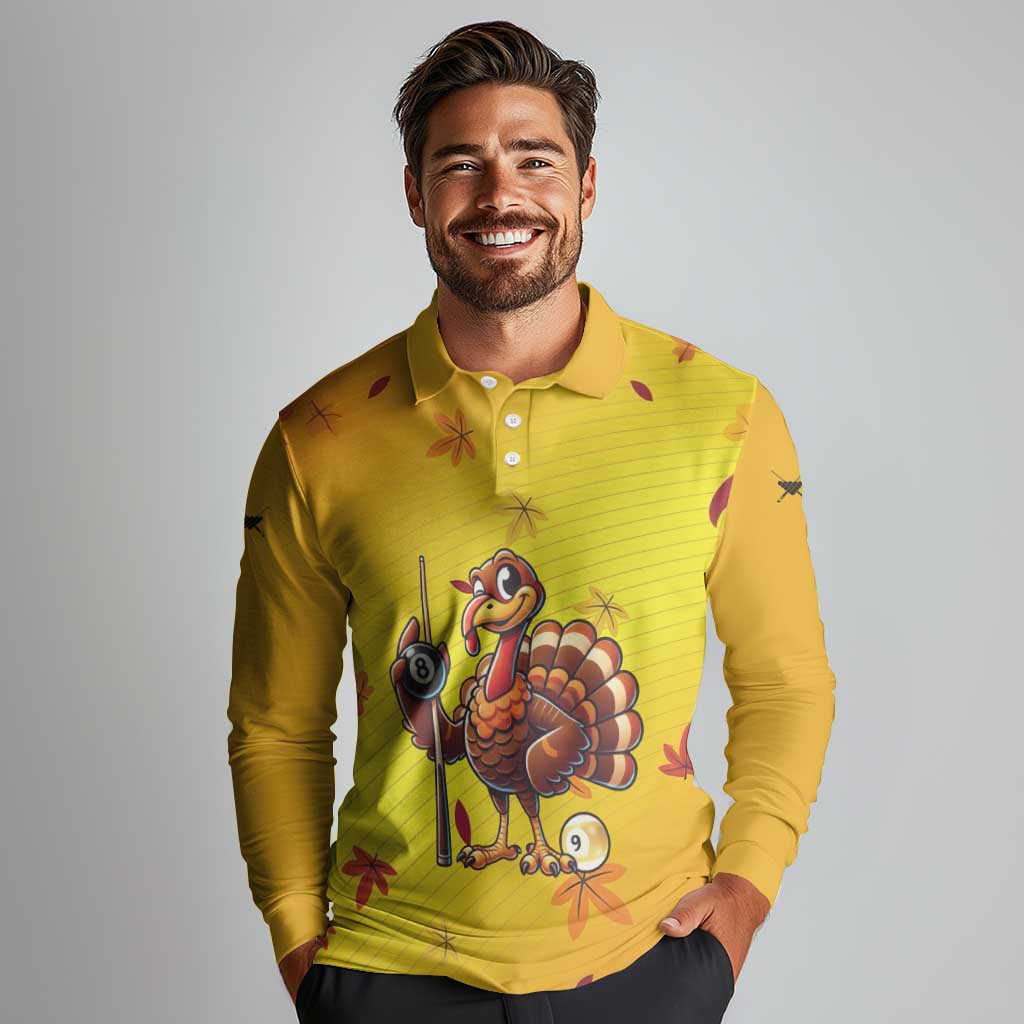 Personalized Funny Turkey Billiards Long Sleeve Polo Shirt with Pool Cue and Balls Thanksgiving Design - Wonder Print Shop