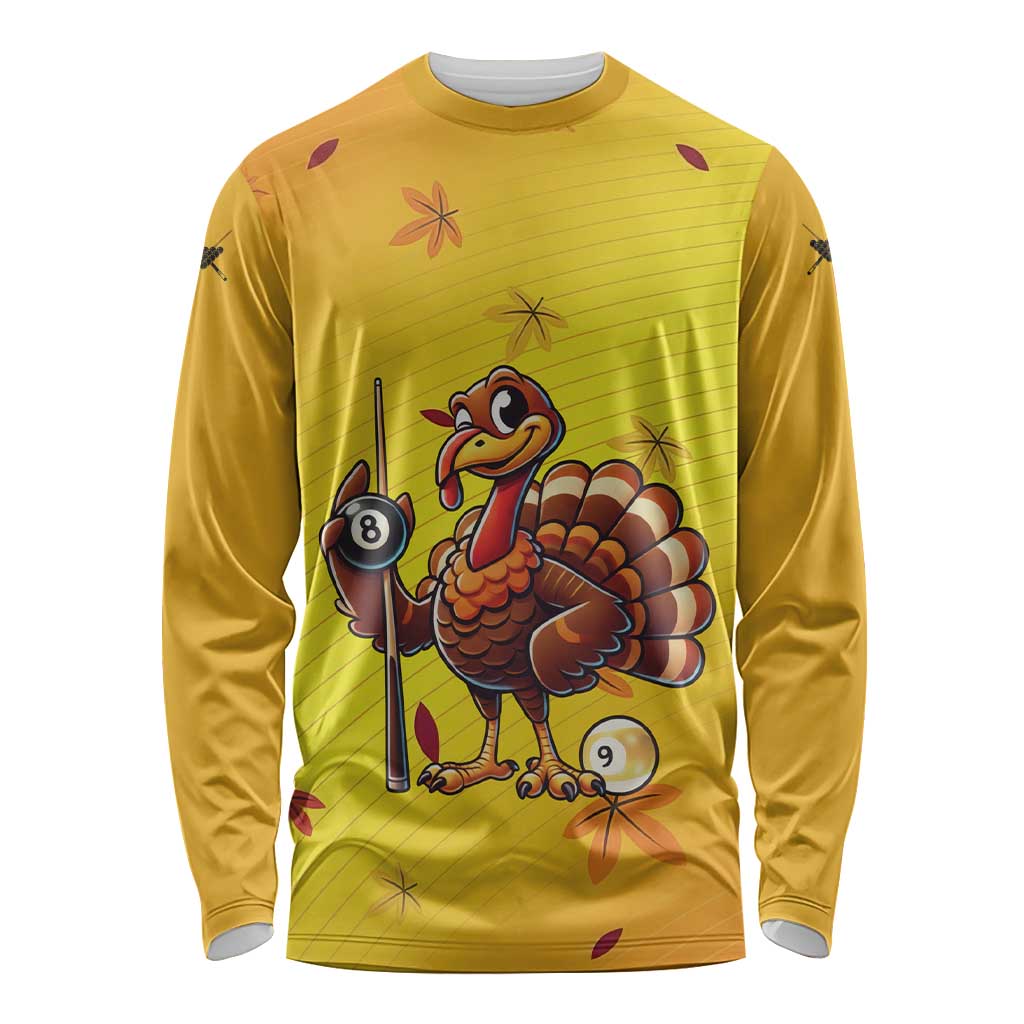 Personalized Funny Turkey Billiards Long Sleeve Shirt with Pool Cue and Balls Thanksgiving Design - Wonder Print Shop