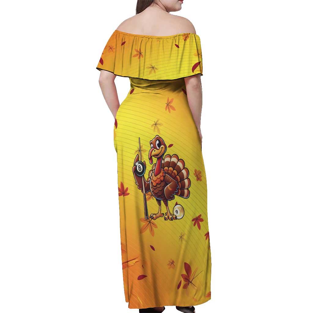 Personalized Funny Turkey Billiards Off Shoulder Maxi Dress with Pool Cue and Balls Thanksgiving Design - Wonder Print Shop