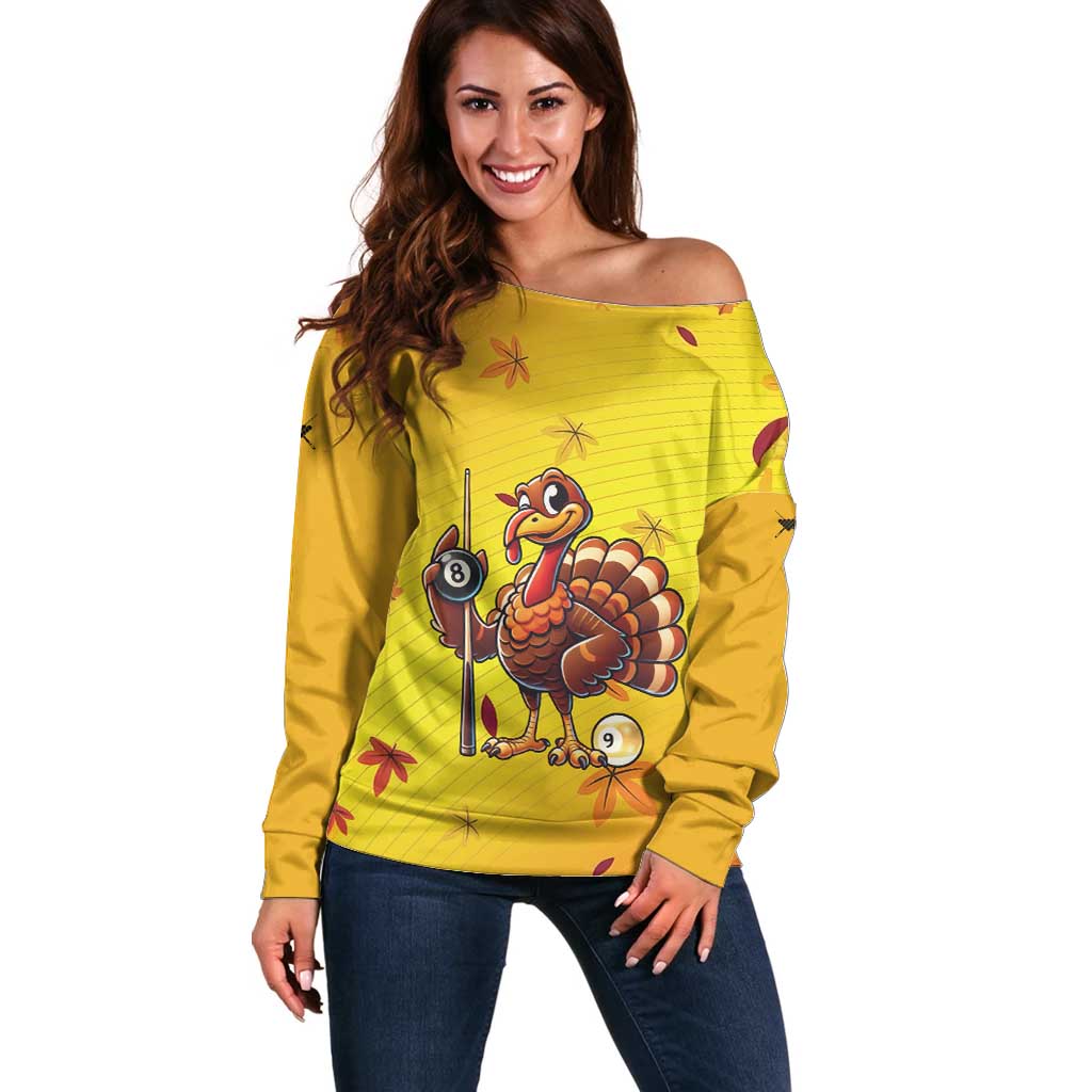 Personalized Funny Turkey Billiards Off Shoulder Sweater with Pool Cue and Balls Thanksgiving Design - Wonder Print Shop