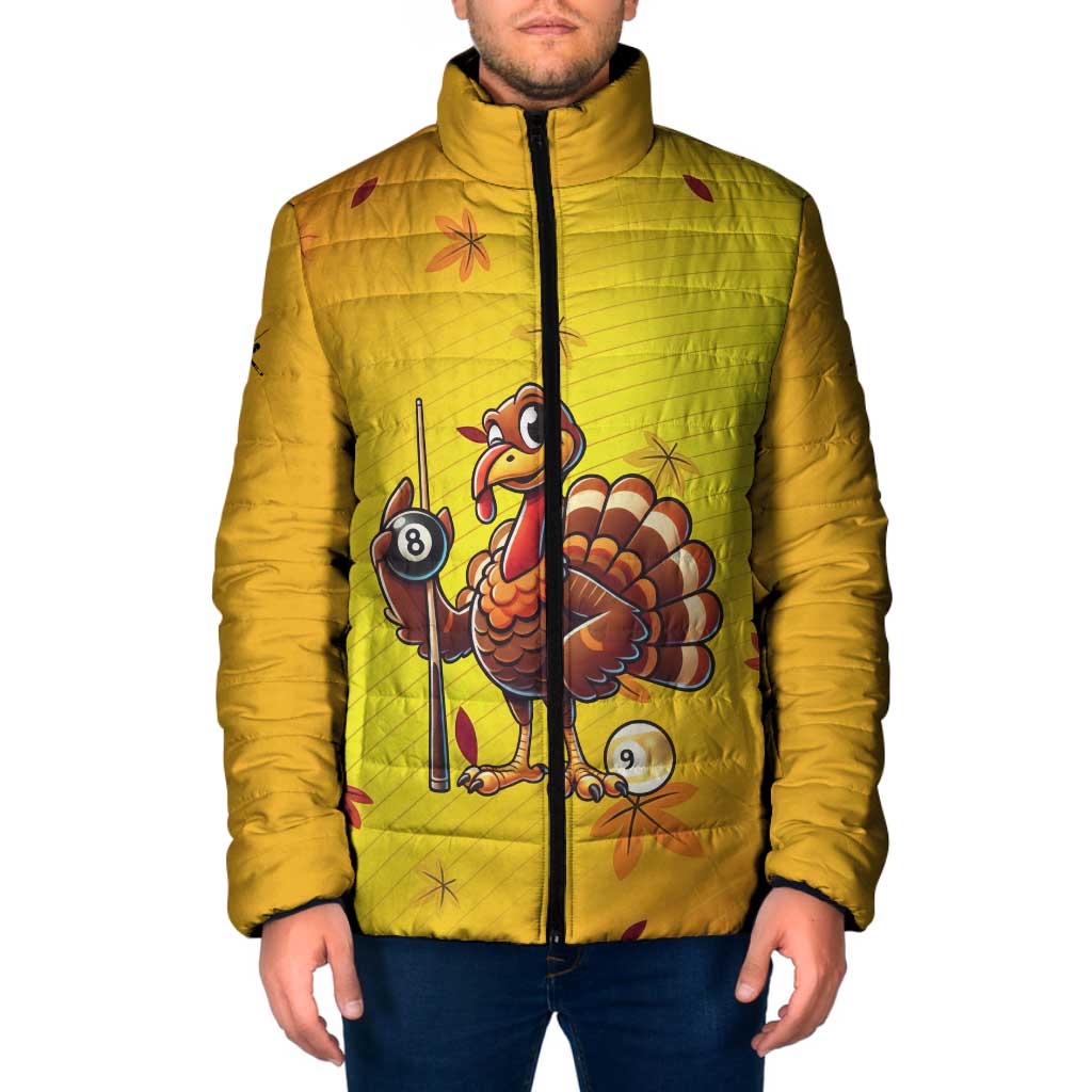 Personalized Funny Turkey Billiards Padded Jacket with Pool Cue and Balls Thanksgiving Design - Wonder Print Shop