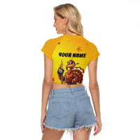 Personalized Funny Turkey Billiards Raglan Cropped T Shirt with Pool Cue and Balls Thanksgiving Design - Wonder Print Shop