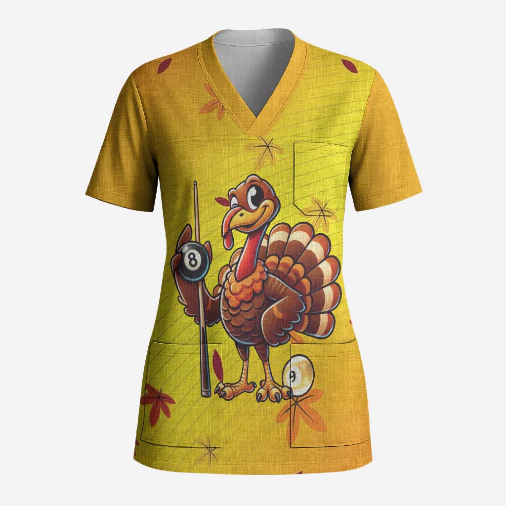 Personalized Funny Turkey Billiards Scrub Top with Pool Cue and Balls Thanksgiving Design - Wonder Print Shop