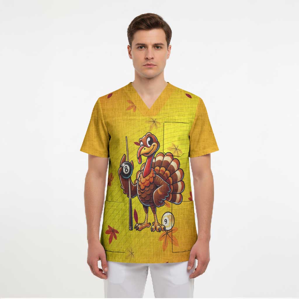 Personalized Funny Turkey Billiards Scrub Top with Pool Cue and Balls Thanksgiving Design - Wonder Print Shop