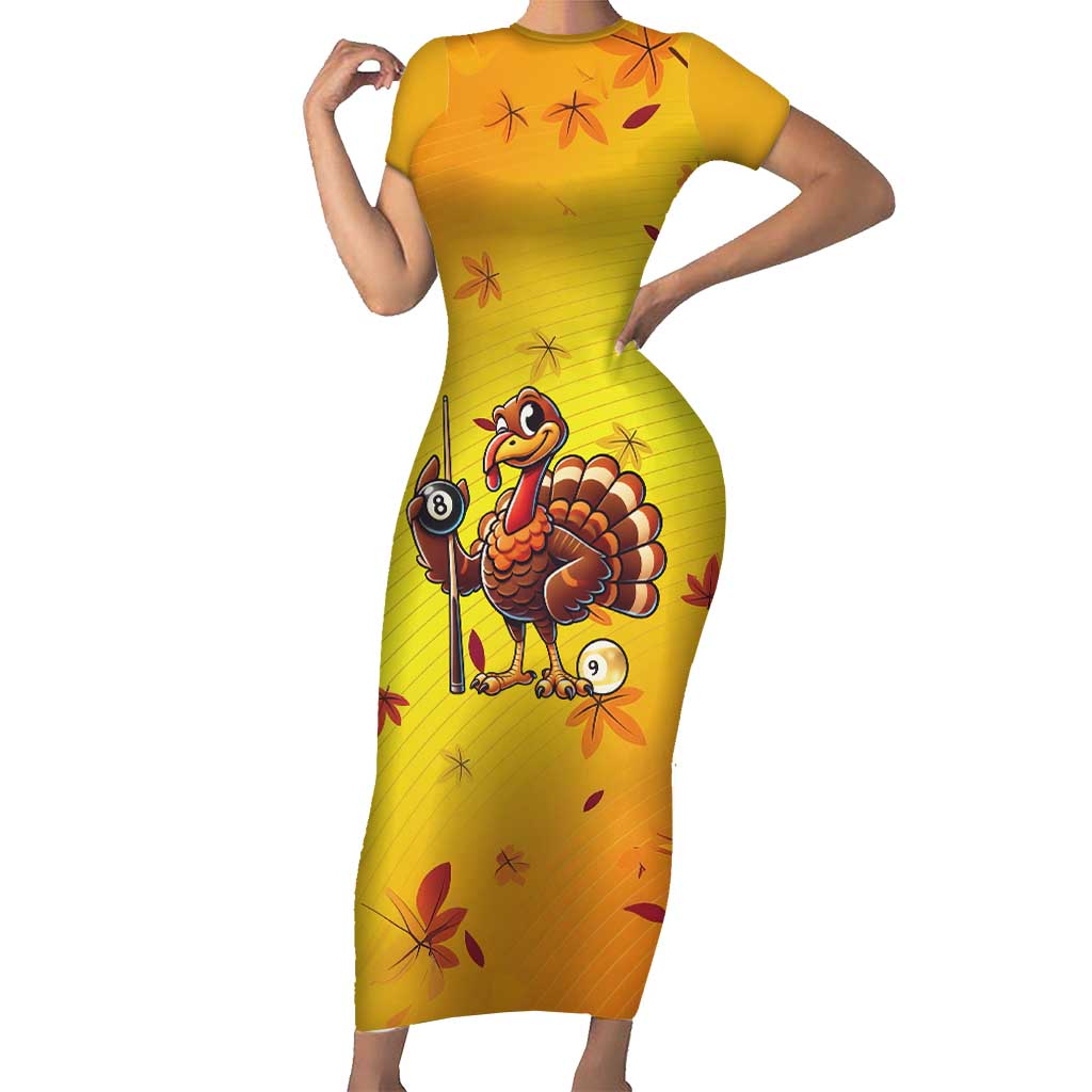 Personalized Funny Turkey Billiards Short Sleeve Bodycon Dress with Pool Cue and Balls Thanksgiving Design - Wonder Print Shop