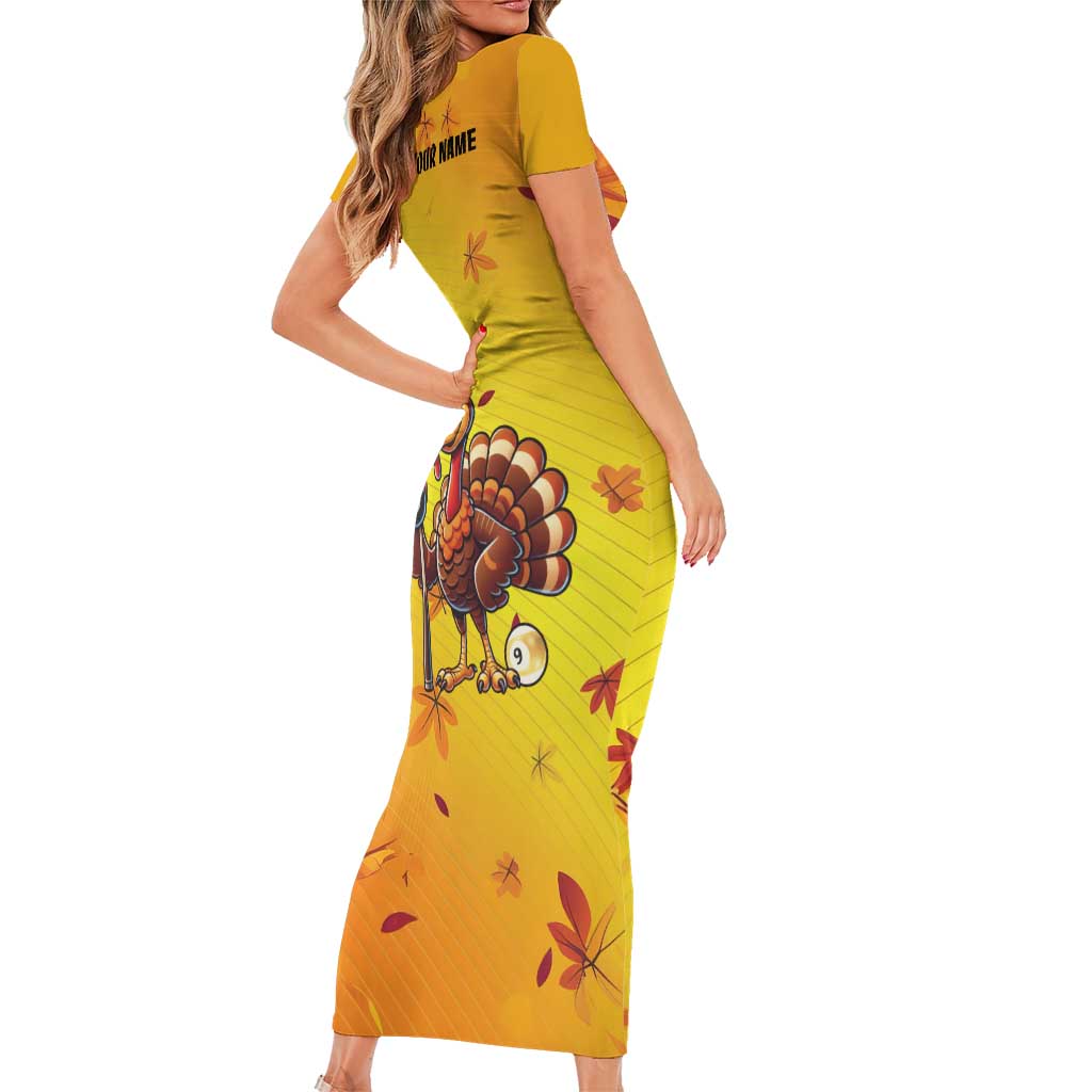 Personalized Funny Turkey Billiards Short Sleeve Bodycon Dress with Pool Cue and Balls Thanksgiving Design - Wonder Print Shop