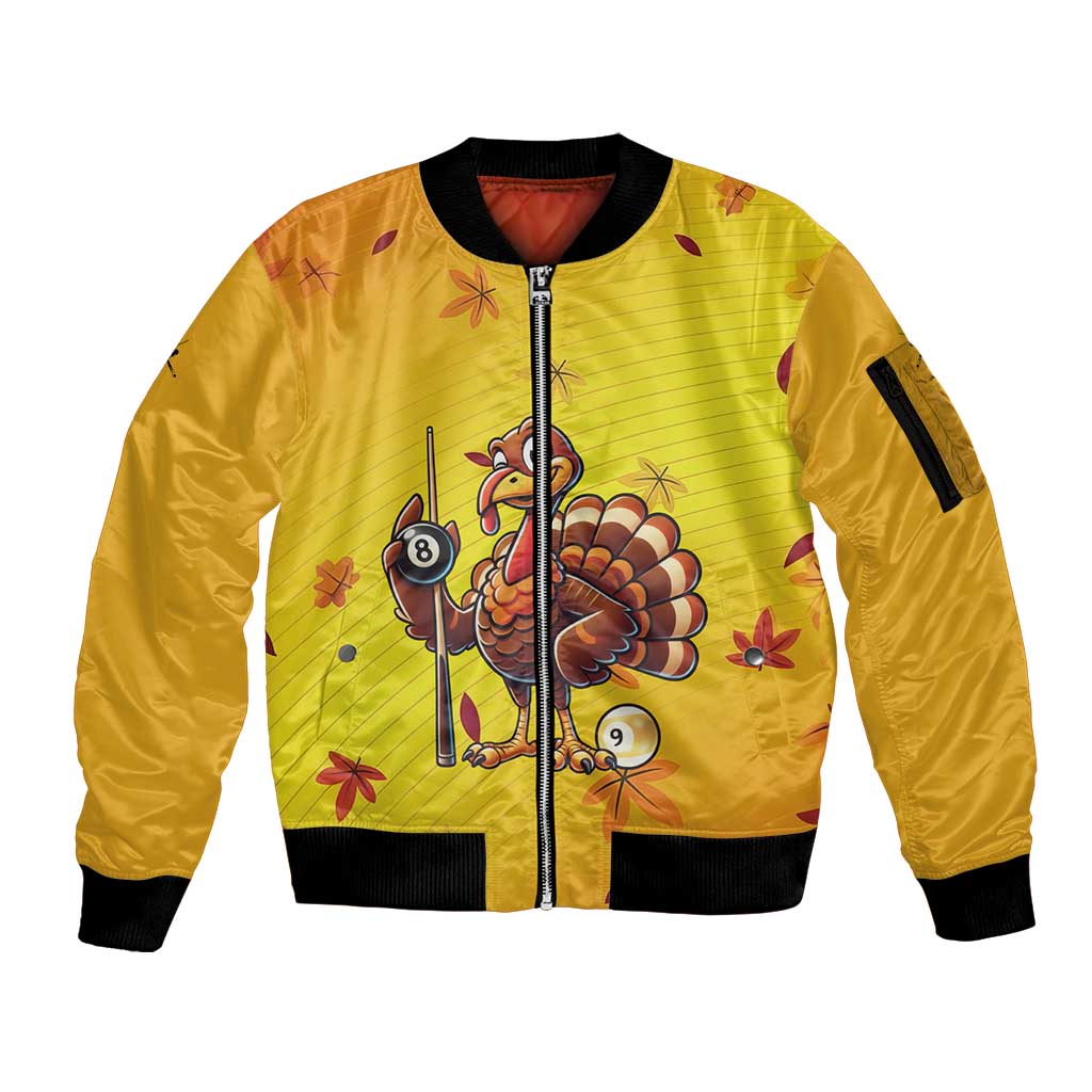 Personalized Funny Turkey Billiards Sleeve Zip Bomber Jacket with Pool Cue and Balls Thanksgiving Design - Wonder Print Shop