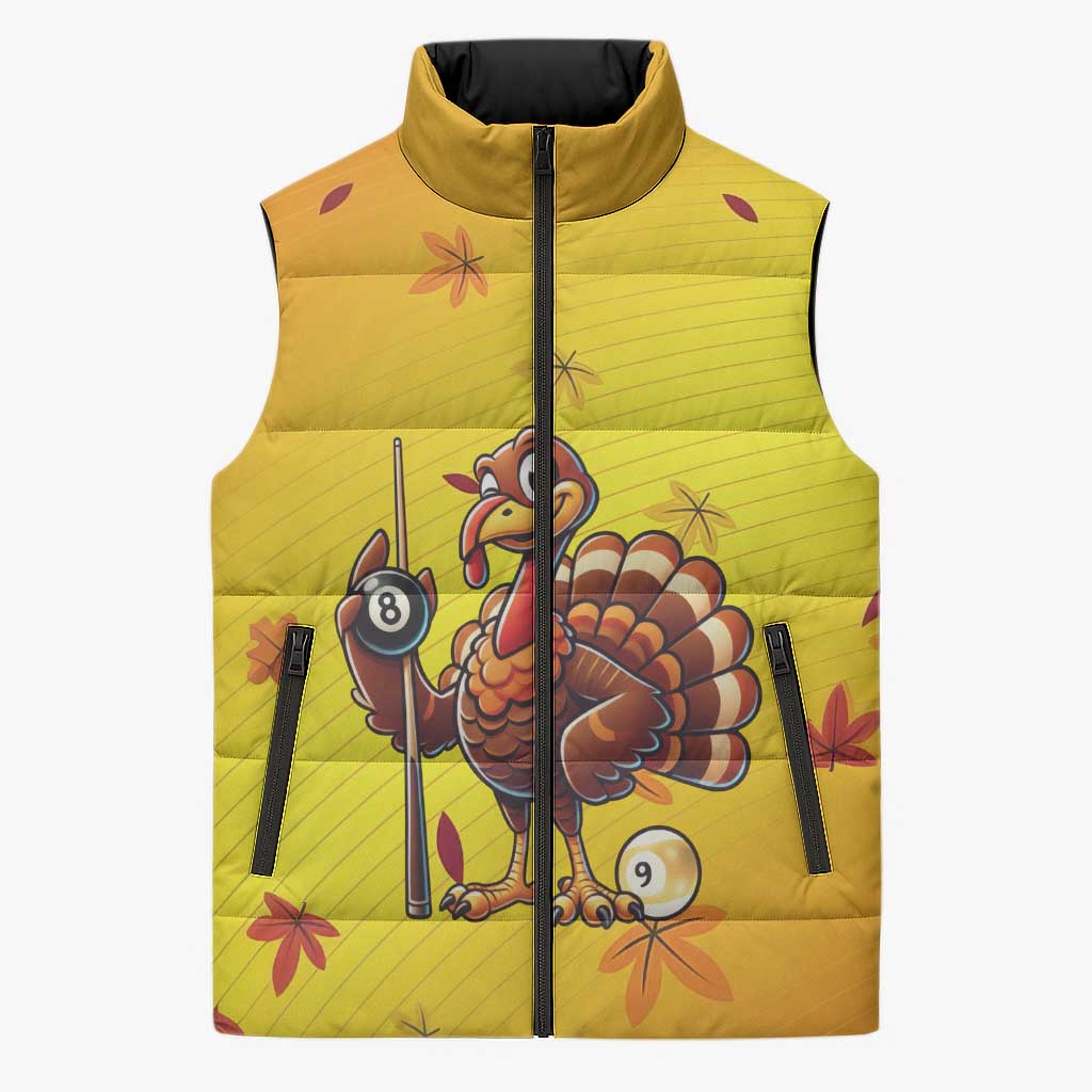 Personalized Funny Turkey Billiards Sleeveless Puffer Jacket with Pool Cue and Balls Thanksgiving Design - Wonder Print Shop