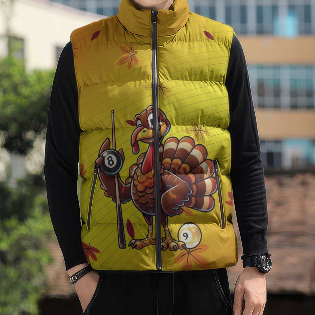 Personalized Funny Turkey Billiards Sleeveless Puffer Jacket with Pool Cue and Balls Thanksgiving Design - Wonder Print Shop