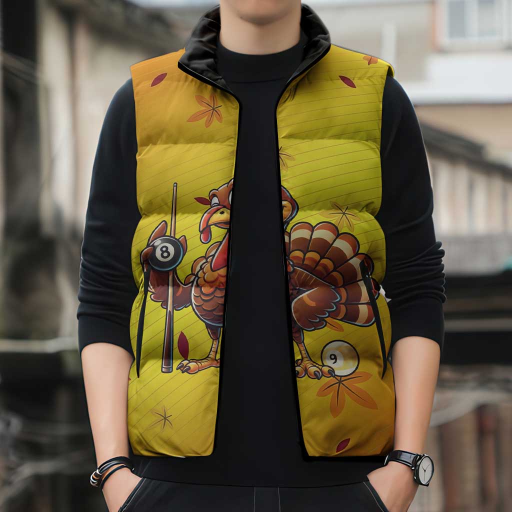 Personalized Funny Turkey Billiards Sleeveless Puffer Jacket with Pool Cue and Balls Thanksgiving Design - Wonder Print Shop