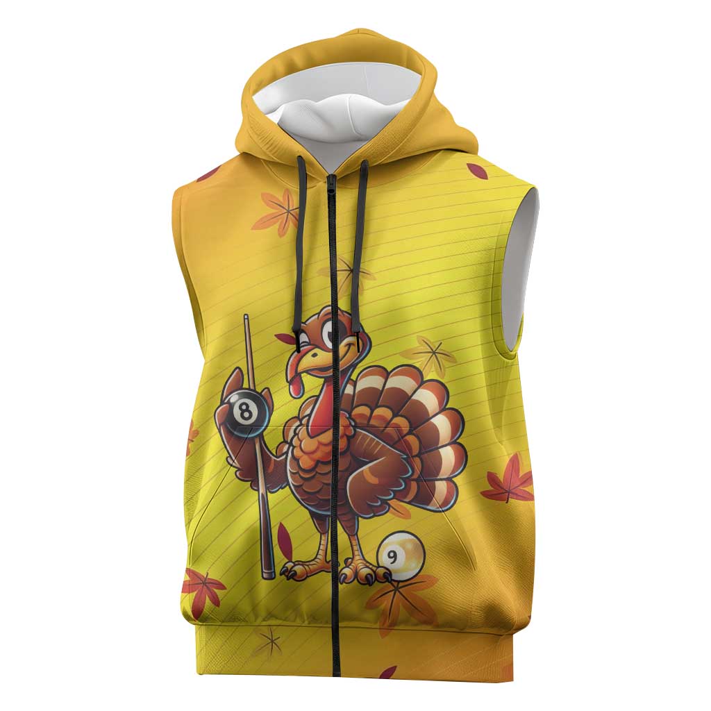 Personalized Funny Turkey Billiards Sleeveless Zip Hoodie with Pool Cue and Balls Thanksgiving Design - Wonder Print Shop
