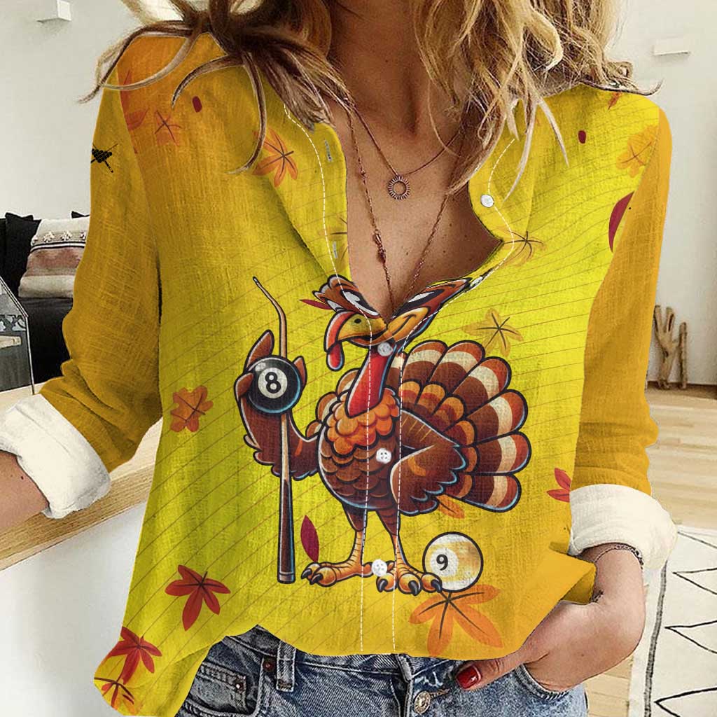 Personalized Funny Turkey Billiards Women Casual Shirt with Pool Cue and Balls Thanksgiving Design - Wonder Print Shop