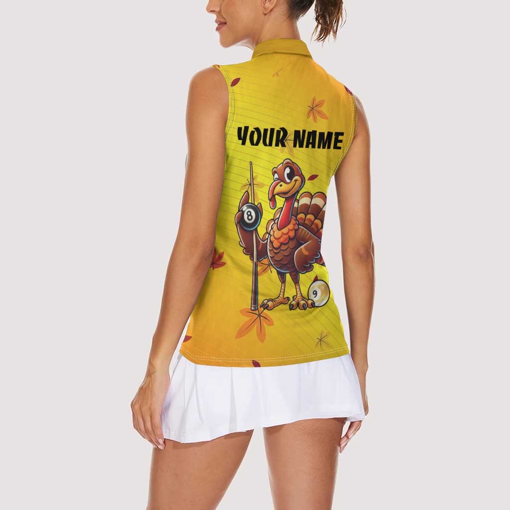 Personalized Funny Turkey Billiards Women Sleeveless Polo Shirt with Pool Cue and Balls Thanksgiving Design - Wonder Print Shop