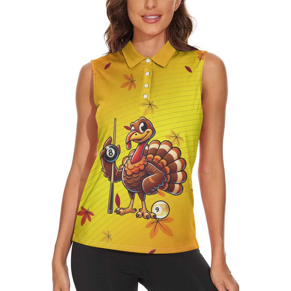 Personalized Funny Turkey Billiards Women Sleeveless Polo Shirt with Pool Cue and Balls Thanksgiving Design - Wonder Print Shop