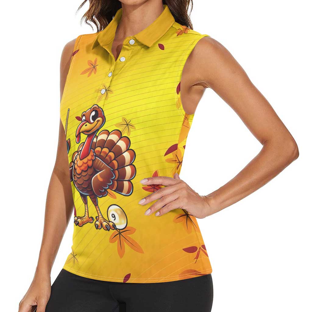 Personalized Funny Turkey Billiards Women Sleeveless Polo Shirt with Pool Cue and Balls Thanksgiving Design - Wonder Print Shop