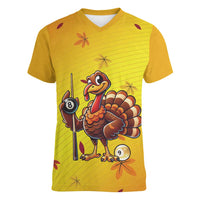Personalized Funny Turkey Billiards Women V-Neck T-Shirt with Pool Cue and Balls Thanksgiving Design - Wonder Print Shop