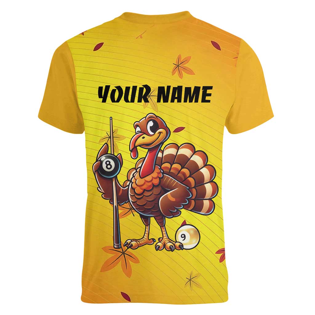 Personalized Funny Turkey Billiards Women V-Neck T-Shirt with Pool Cue and Balls Thanksgiving Design - Wonder Print Shop