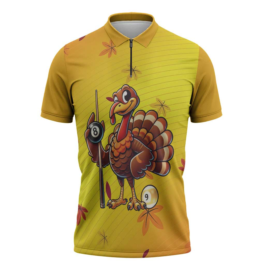 Personalized Funny Turkey Billiards Zipper Polo Shirt with Pool Cue and Balls Thanksgiving Design - Wonder Print Shop
