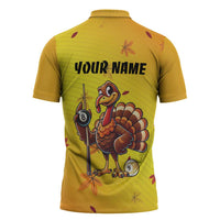 Personalized Funny Turkey Billiards Zipper Polo Shirt with Pool Cue and Balls Thanksgiving Design - Wonder Print Shop
