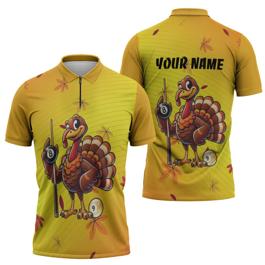 Personalized Funny Turkey Billiards Zipper Polo Shirt with Pool Cue and Balls Thanksgiving Design - Wonder Print Shop