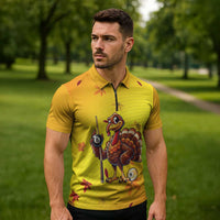 Personalized Funny Turkey Billiards Zipper Polo Shirt with Pool Cue and Balls Thanksgiving Design - Wonder Print Shop