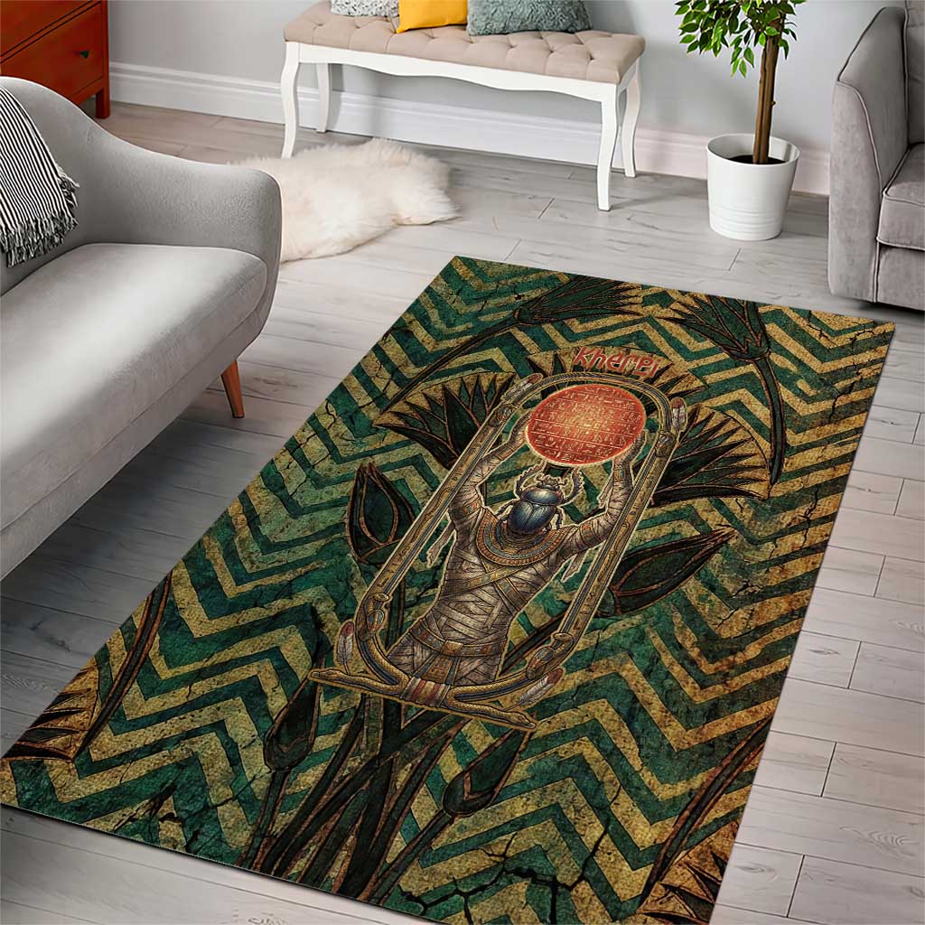 Khepri Area Rug Ancient Egyptian Chevron, Scarab Ankh and Winged Khepri Guardian Motif - Wonder Print Shop
