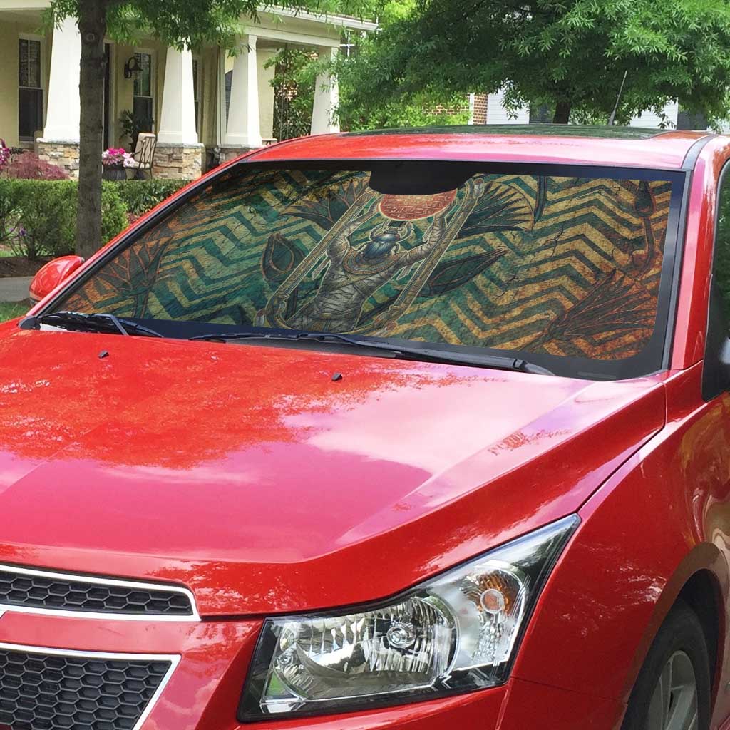 Khepri Auto Sun Shade Ancient Egyptian Chevron, Scarab Ankh and Winged Khepri Guardian Motif - Wonder Print Shop