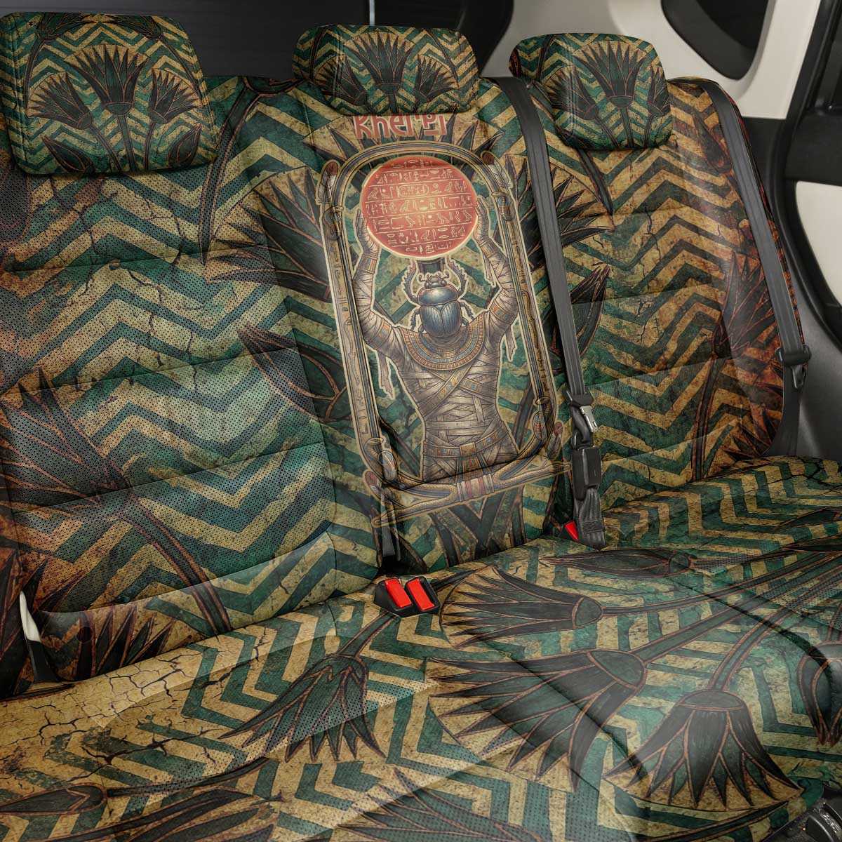 Khepri Back Car Seat Cover Ancient Egyptian Chevron, Scarab Ankh and Winged Khepri Guardian Motif - Wonder Print Shop