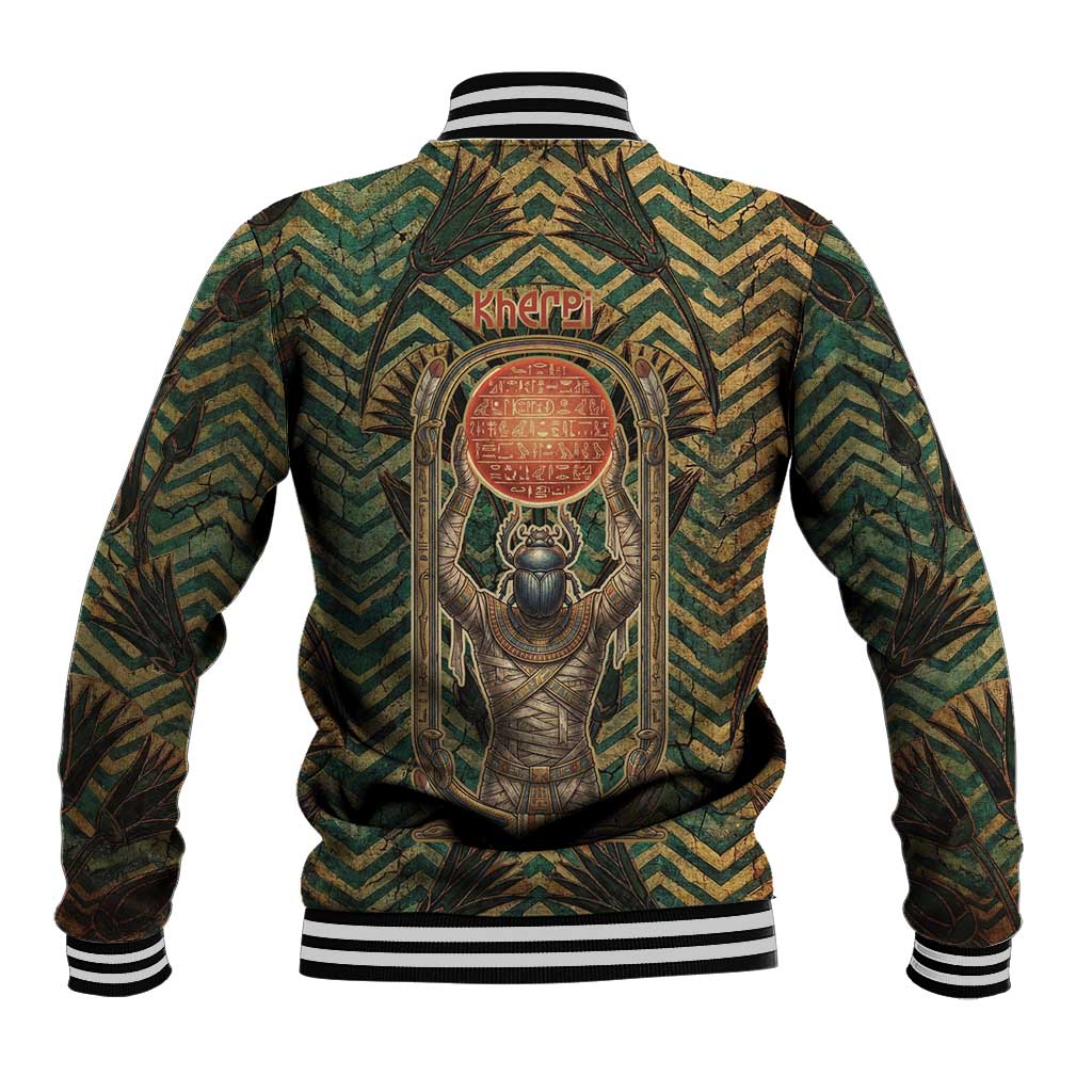 Khepri Baseball Jacket Ancient Egyptian Chevron, Scarab Ankh and Winged Khepri Guardian Motif - Wonder Print Shop