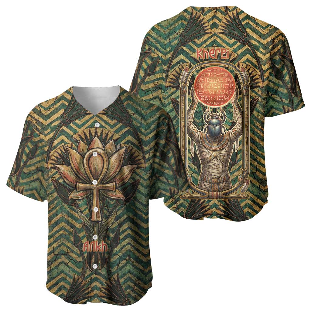 Khepri Baseball Jersey Ancient Egyptian Chevron, Scarab Ankh and Winged Khepri Guardian Motif - Wonder Print Shop