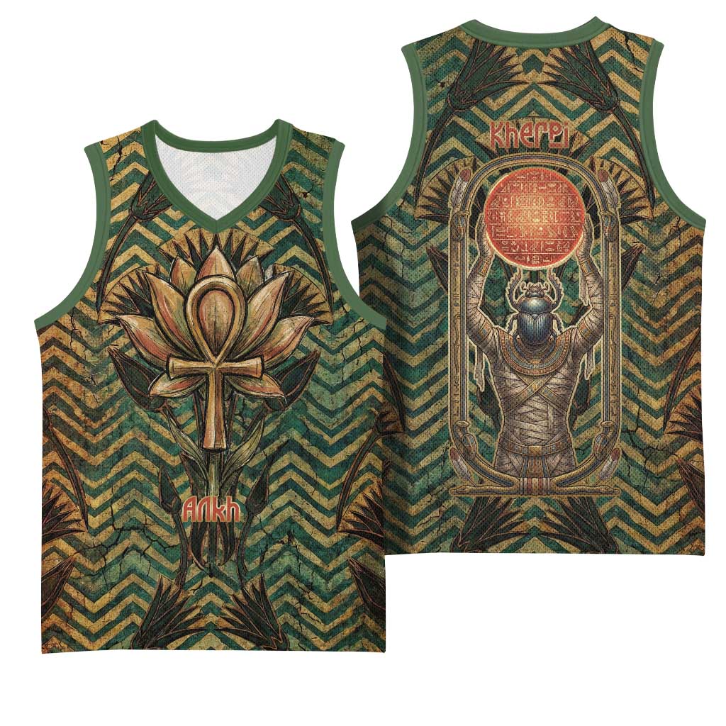 Khepri Basketball Jersey Ancient Egyptian Chevron, Scarab Ankh and Winged Khepri Guardian Motif - Wonder Print Shop