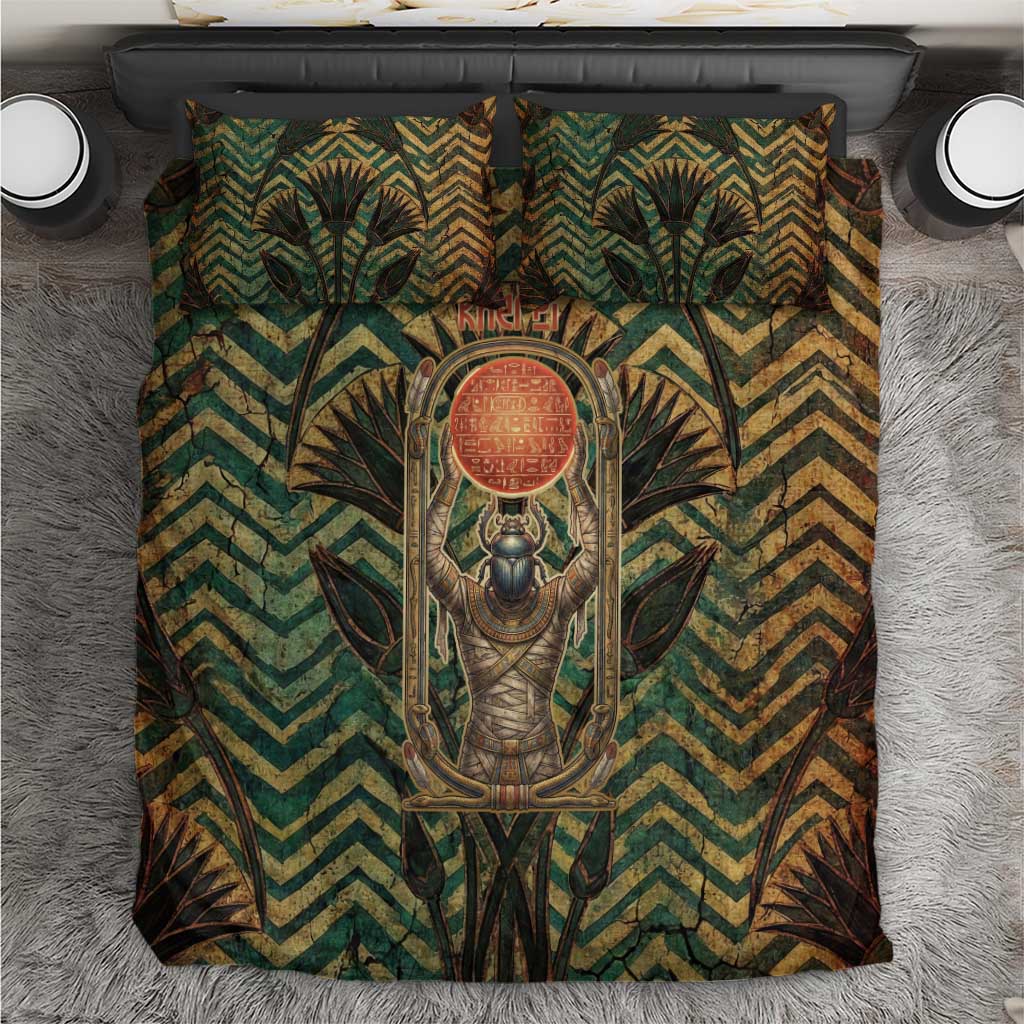 Khepri Bedding Set Ancient Egyptian Chevron, Scarab Ankh and Winged Khepri Guardian Motif - Wonder Print Shop