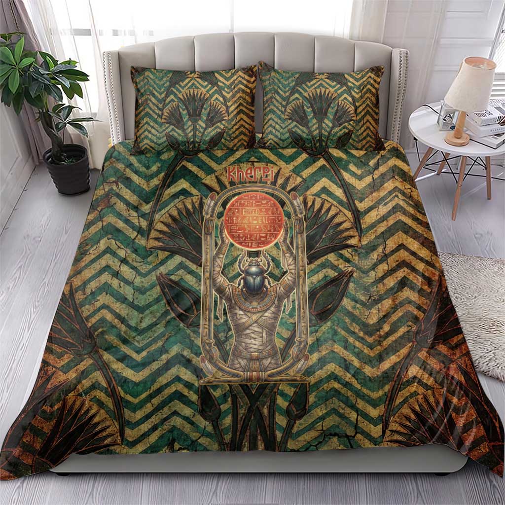 Khepri Bedding Set Ancient Egyptian Chevron, Scarab Ankh and Winged Khepri Guardian Motif - Wonder Print Shop