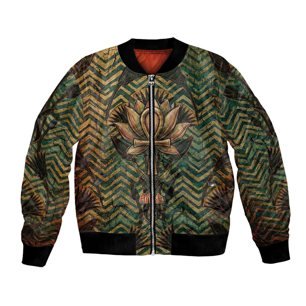 Khepri Bomber Jacket Ancient Egyptian Chevron, Scarab Ankh and Winged Khepri Guardian Motif - Wonder Print Shop