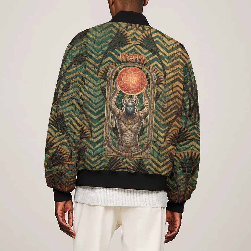Khepri Bomber Jacket Ancient Egyptian Chevron, Scarab Ankh and Winged Khepri Guardian Motif - Wonder Print Shop