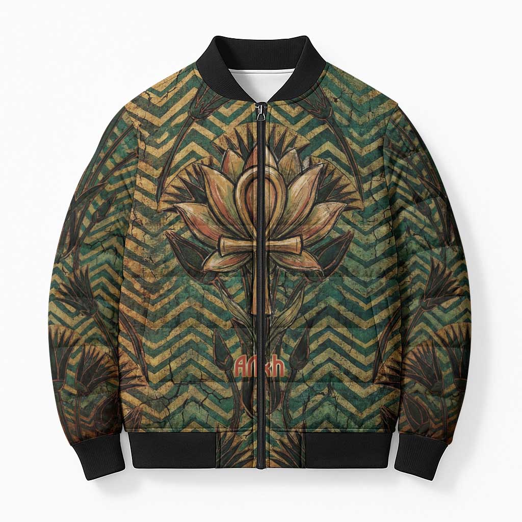 Khepri Bomber Puffer Jacket Ancient Egyptian Chevron, Scarab Ankh and Winged Khepri Guardian Motif - Wonder Print Shop