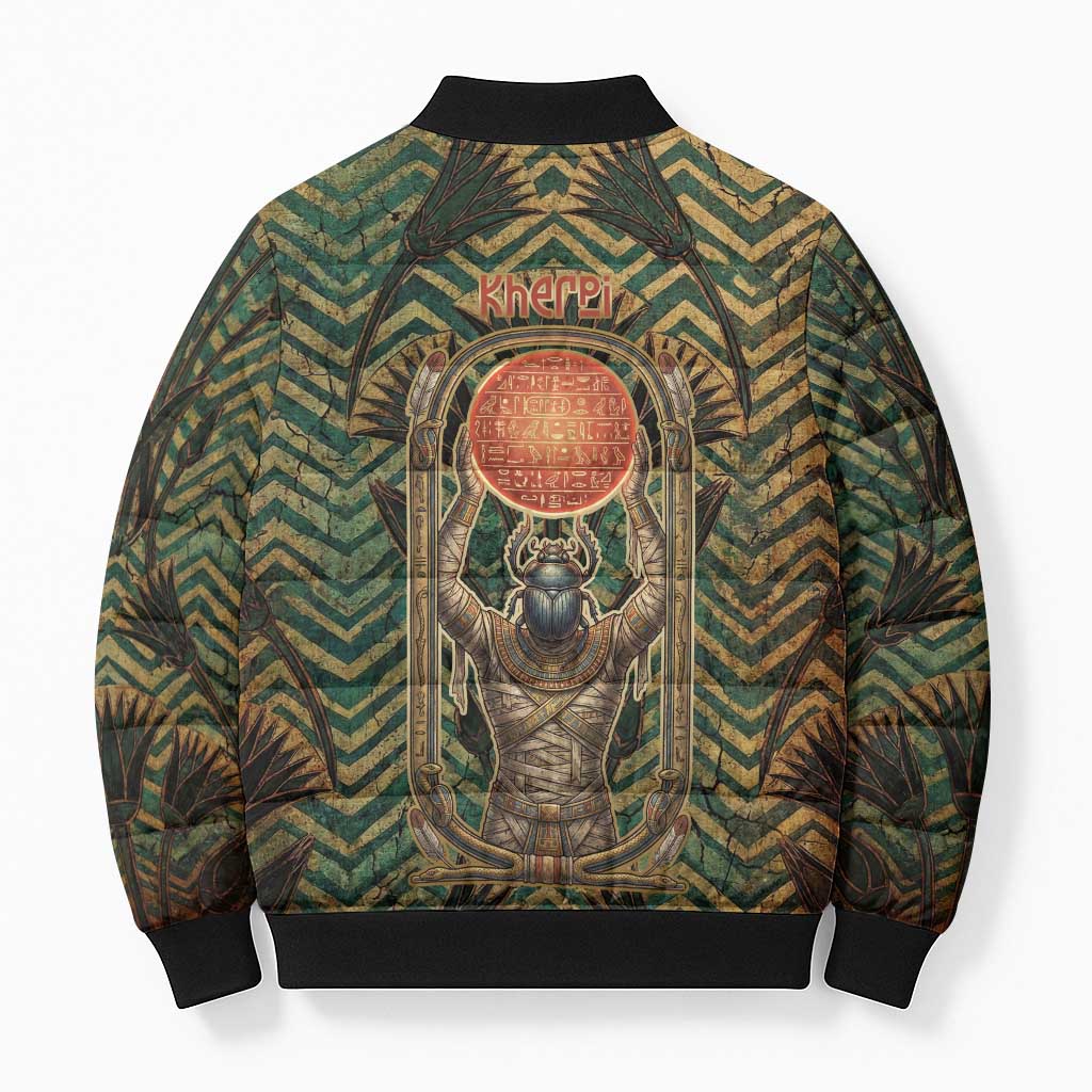 Khepri Bomber Puffer Jacket Ancient Egyptian Chevron, Scarab Ankh and Winged Khepri Guardian Motif - Wonder Print Shop