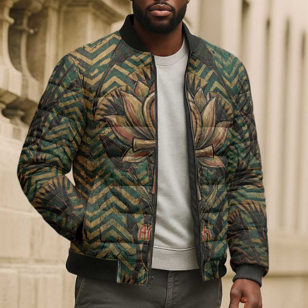 Khepri Bomber Puffer Jacket Ancient Egyptian Chevron, Scarab Ankh and Winged Khepri Guardian Motif - Wonder Print Shop